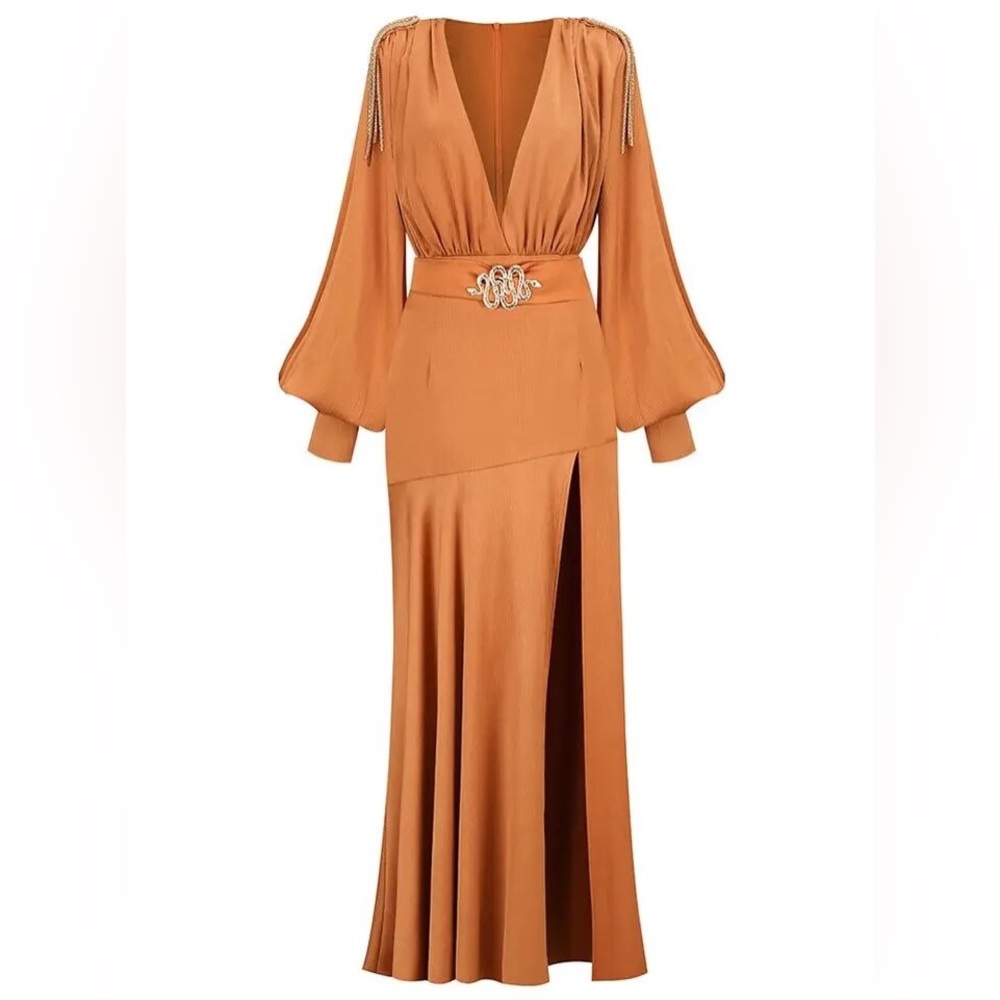 Lena Vie Drop Fall New High Quality Sexy V-Neck Pleated Lantern Sleeve Dress - Picture 4 of 13